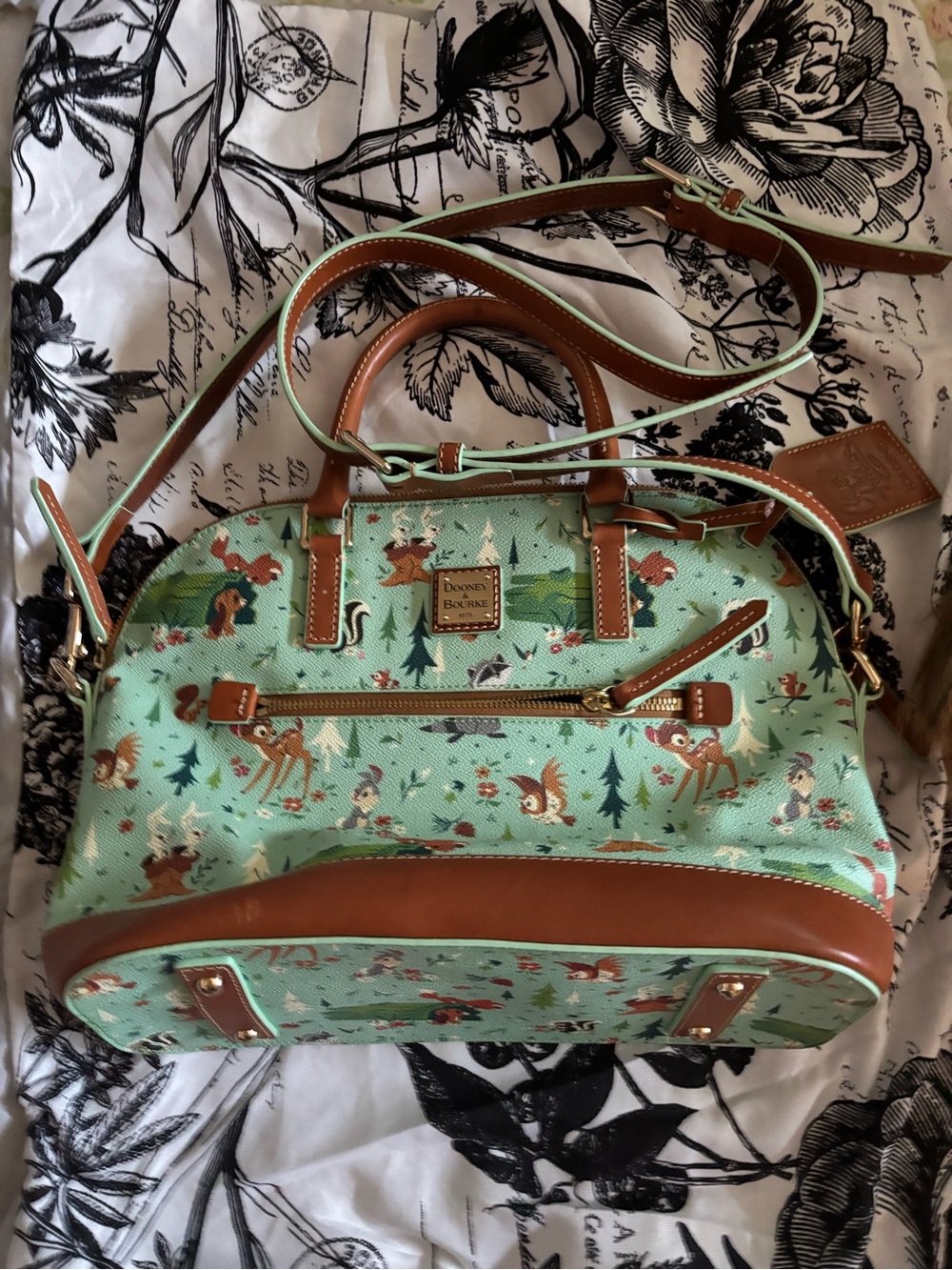 Dooney & Bourke Mint Green Bambi Print Satchel with Tan Trim